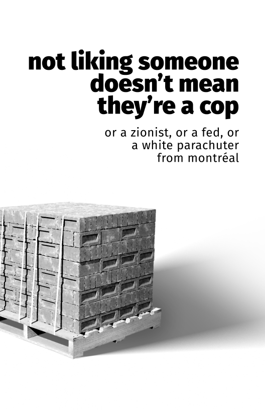 not liking someone doesn’’t mean they’re a cop  or a zionist, or a fed, or a white parachuter from montréal  